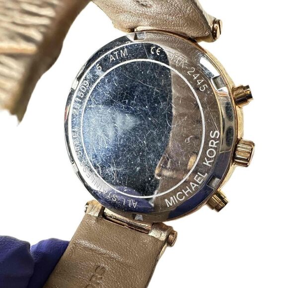 Michael Kors MK Watch Rose Gold Rhinestone CZ Chronograph Leather New Battery - Picture 9 of 12